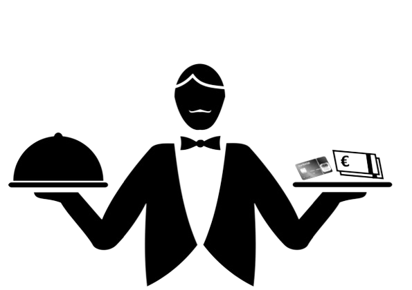 Kellner mit tablet und geldschein